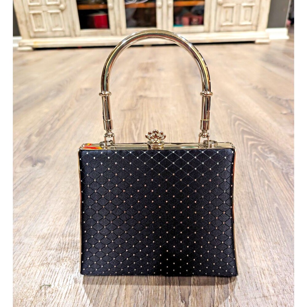 Vintage Style Black Satin Rhinestone Clasp Box Clutch Evening Bag Purse Coquette